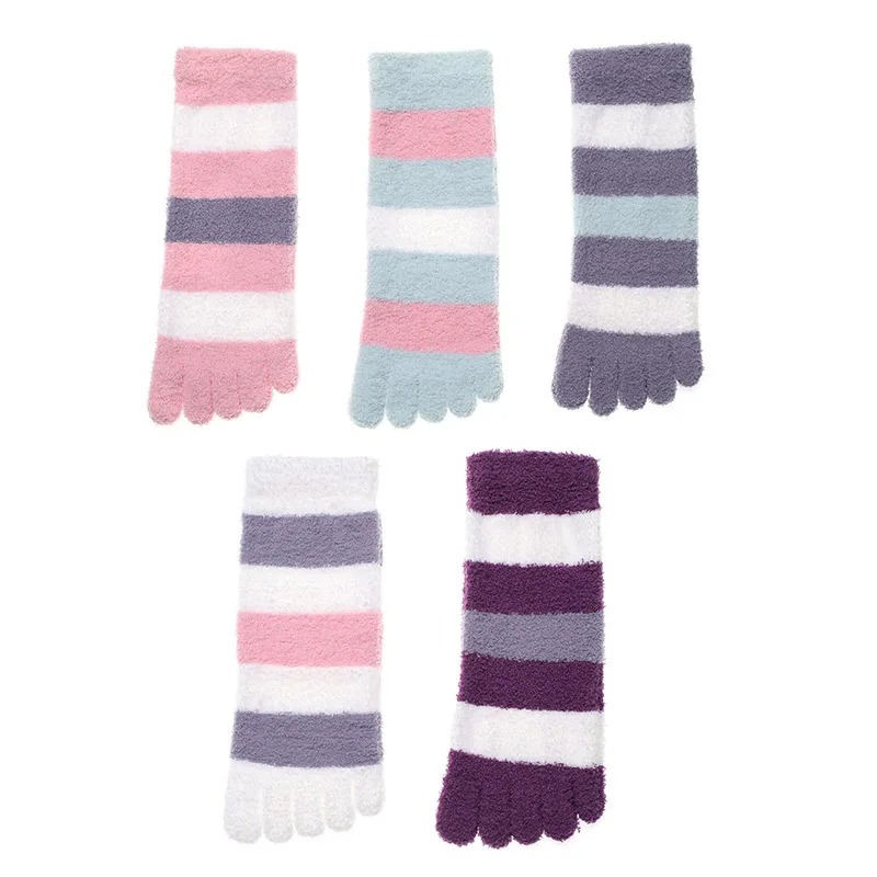 Thick Five Finger Socks Woman Girls Winter Warm Coral Fleece Fluffy Bed Sock Soft Cozy Purple Striped Slipper Socks with Toes