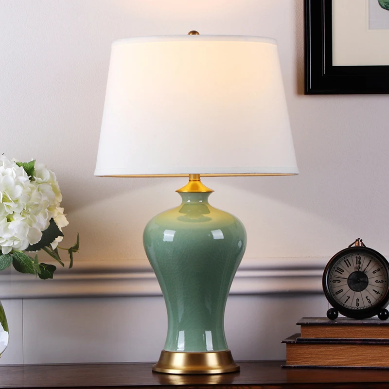 Pea Green Cracked Glazed Retro American Style Household Copper Table Lamp