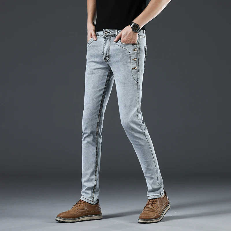 Calça jeans masculina, calça jeans de marca da moda com bolso de botão, para ocasião casual, slim, de algodão, azul claro, cinza escuro, de