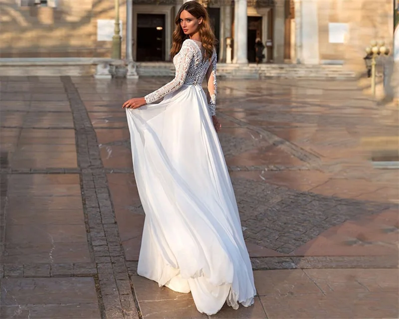 #11218 Bohemian Beach Long Sleeve V-Neck Sheer Back Floor Length  Lace Applique Chiffon Wedding Dress Bridal Gowns Evening Dress