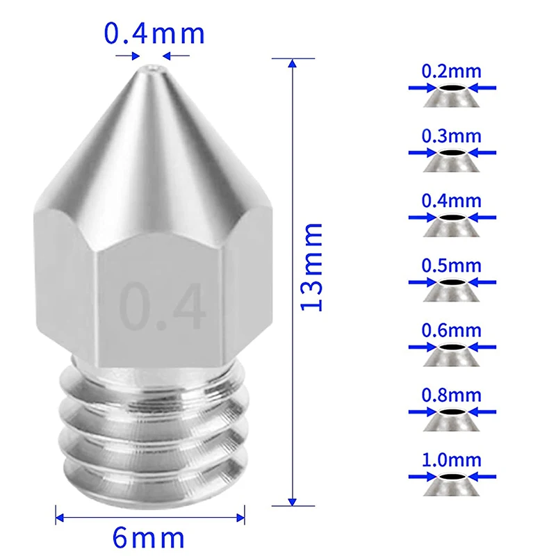 Boquilla roscada de piezas de acero inoxidable MK8, 0,2, 0,4, 0,5, 0,6, 0,8, 1,0mm, para filamento de 1,75mm, Anet A8, CR10, M6, Ender 3, Ender 5, 10 CR-10S