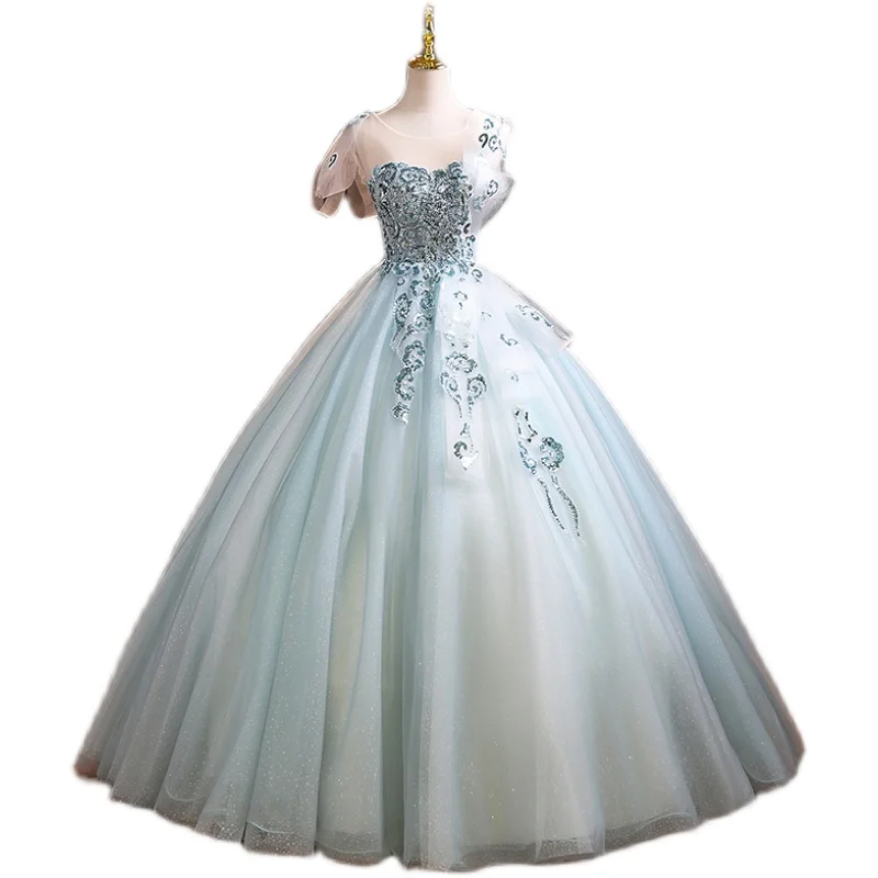 Luxury Cindy Blue เย็บปักถักร้อยลูกปัด Bowknot Sleeve Ball Gown ยุคกลาง Vintage Royal Victoria ชุด Princes Belle Ball Gown