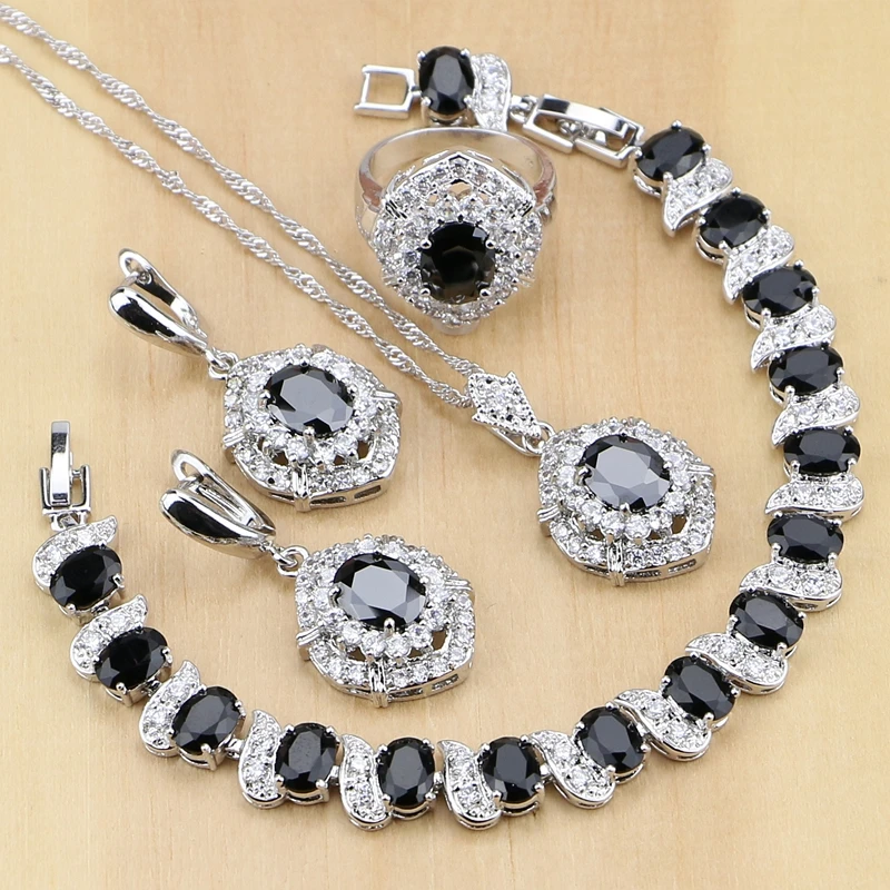 Oval 925 Silver Jewelry Black CZ White Cubic Zirconia Jewelry Sets For Women Party Earrings/Pendant/Necklace/Rings/Bracelet