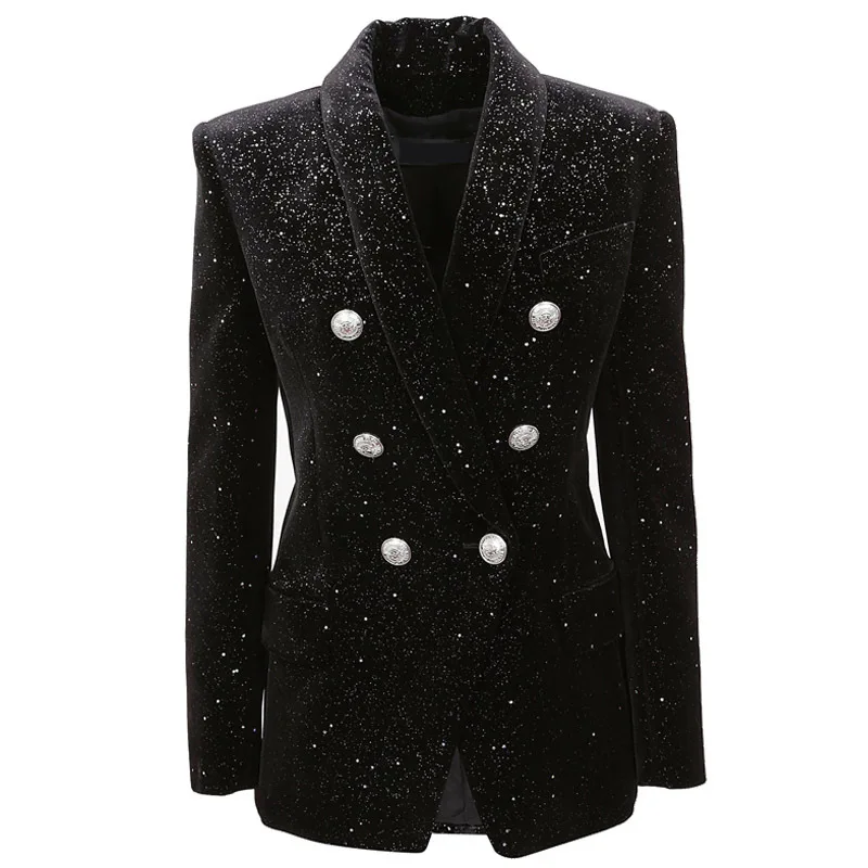 Vintage Shiny Women Suits In Stock Double Breasted Retro Pocket Blazer High Quality Celebrity Catwalk Show Coat 1 Piece