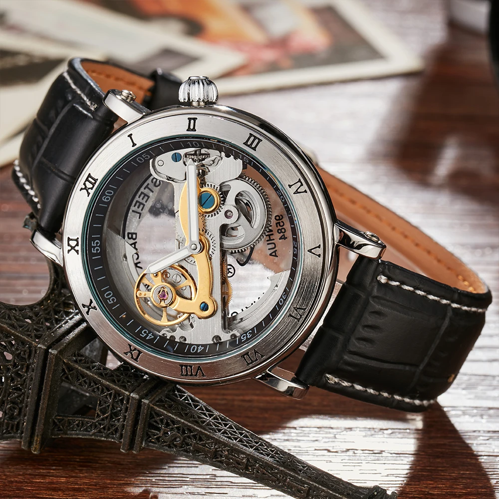 Transparent Automatic Mechanical Watch Men Steampunk Skeleton Bridge Luxury Self Winding Leather Male Watches TODO  montre homme