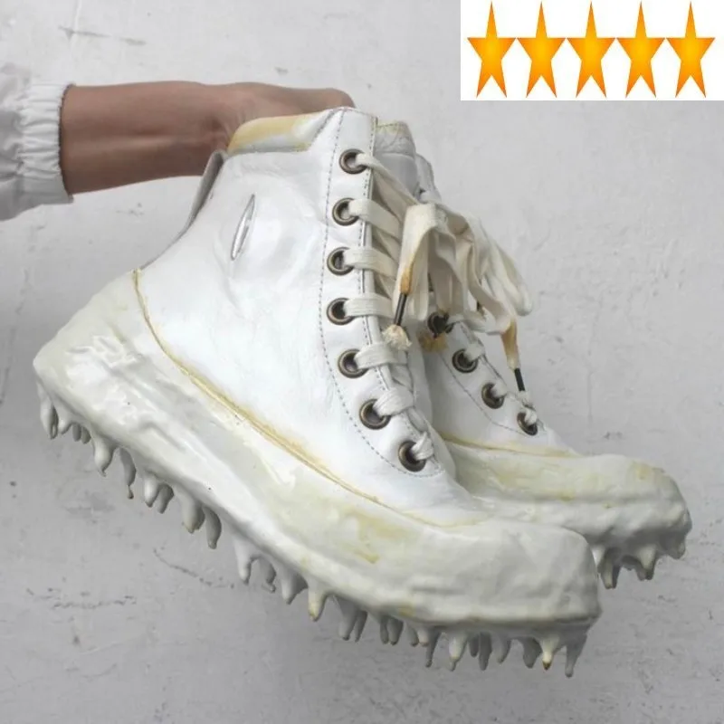 Boots Handmade Ankle Vintage White Men Luxury Designer Genuine Leather Cowhide Platform Sneakers Dripping Wax Black Trainers