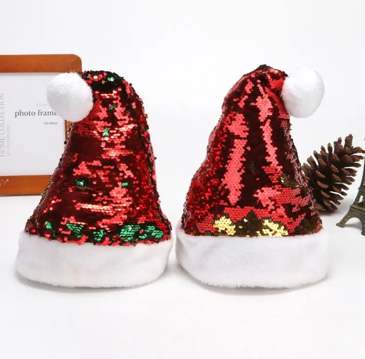 

Christmas Red Sequin Hats Pom Plush Caps Xams Luminous Santa Beanie Adult Sequins Hat Decoration Party Supplies SN1062