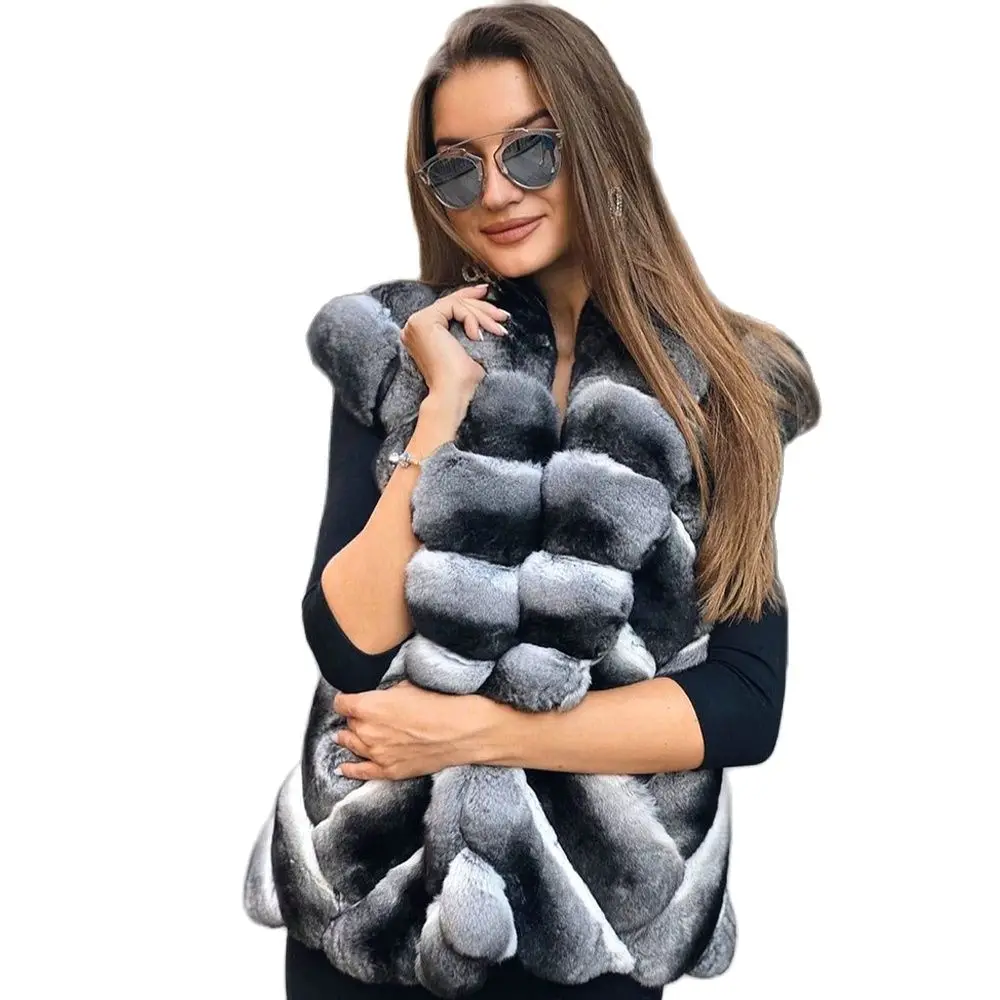 Luxury Women Real Rex Rabbit Fur Vest Stand Collar 2022 Winter New Full Pelt Genuine Chinchilla Color Rex Rabbit Fur Vests Woman