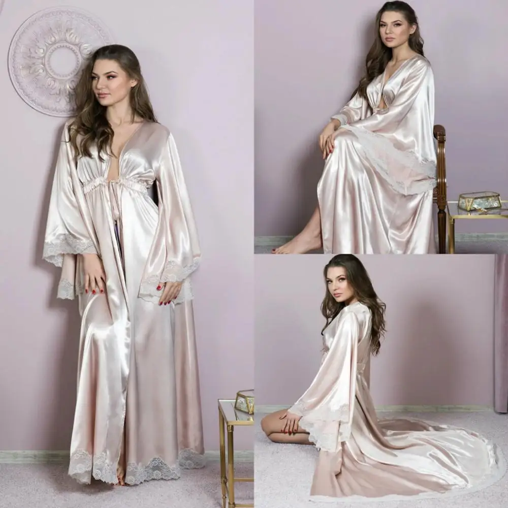 Robe de mariée longue en Satin de soie, Sexy, peignoir, Lingerie, chemise de nuit, pyjama, vêtements de nuit de luxe pour femmes