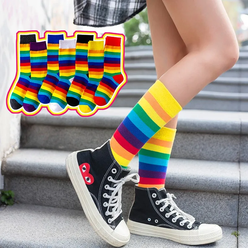 1 Pair New Arrival Cotton Elasticity Sweat Women Long Sock Candy Colors Rainbow Striped Sporty Meias Retro Harajuku Casual Socks