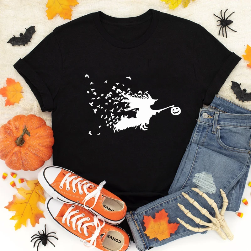 

Flying Witch 100% Cotton T-shirt Funny Women Graphic Autumn Halloween Tshirt Gothic Basic Witch Tee Shirt Top