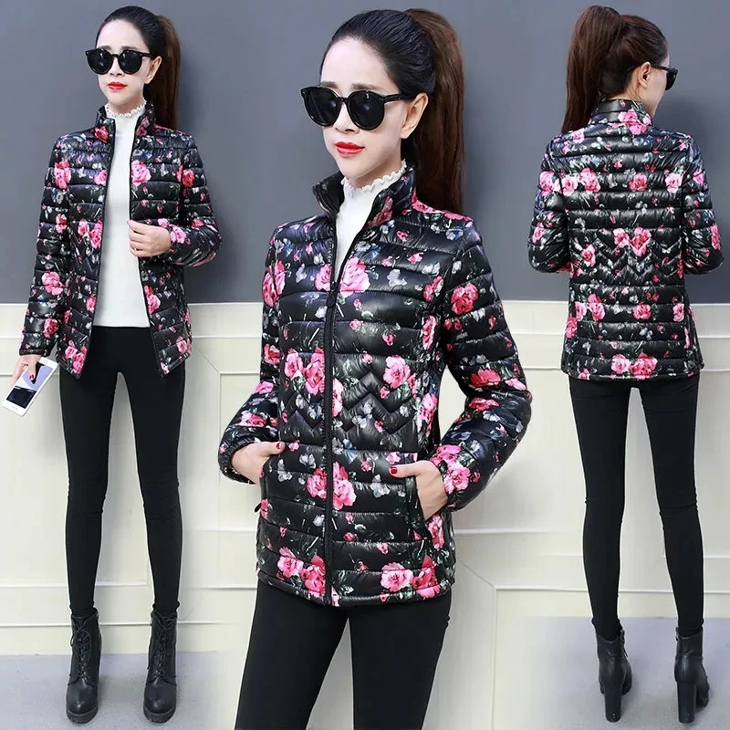 Print Down Cotton Coat Women\'s Short 2024 New Middle-Aged Elderly Mothers Wear Stand-Up Collar Color Winter Coat Women Jackets