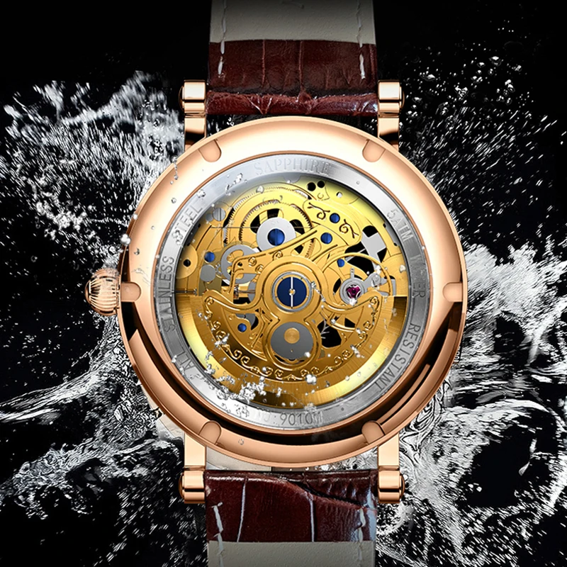 LOBINNI New Transparent Case Open Work Stainless Steel Mechanical Skeleton Wrist Watch Luxury Men Waterproof Automatic Watches