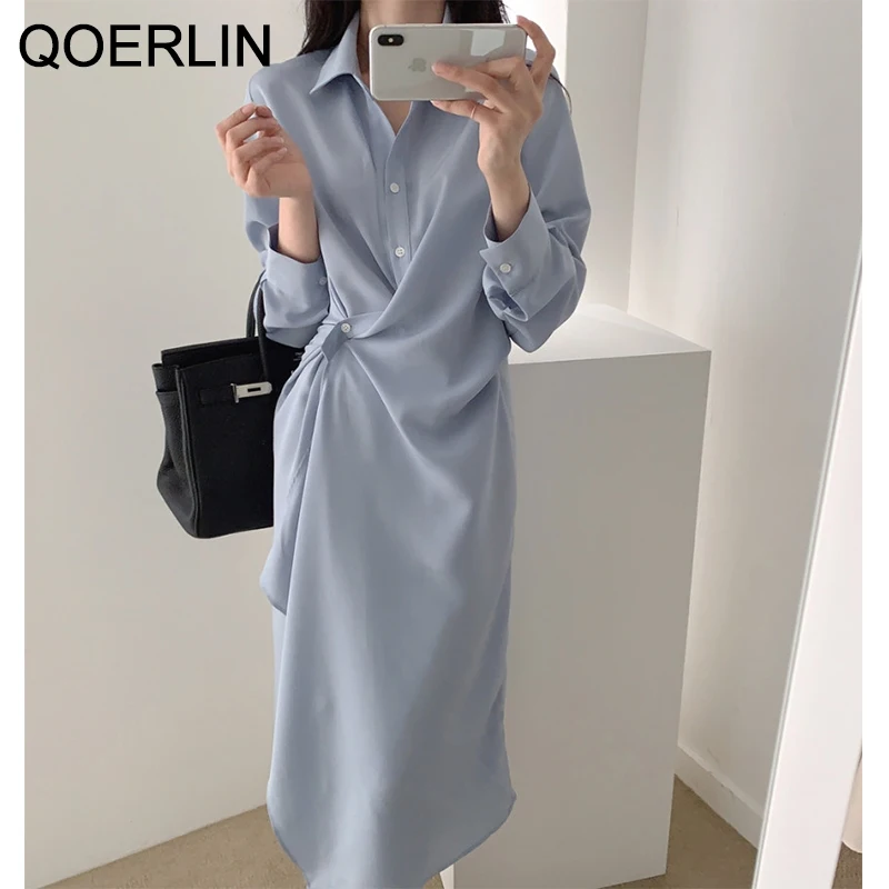 QOERLIN Design Black Blue Long Shirt Dress Women Fashion High Waist Temperament Dress Turn-Down Collar Irregular Button Dresses