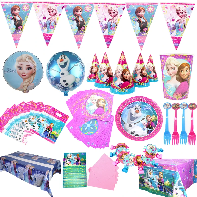 Frozen Party Supplies Elsa and Anna Balloons Kids Birthday Party Disposable Tableware Plate Cup Flag kids Party Decorations Gift