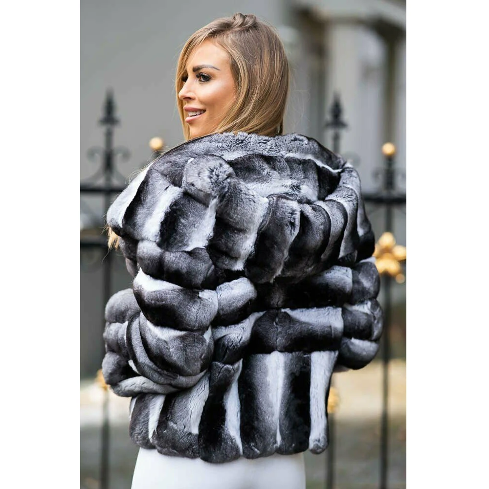 Veste mi-longue à capuche en vraie fourrure de lapin Rex pour femme, vêtement d'extérieur de haute qualité, couleur Chinchilla, 2022