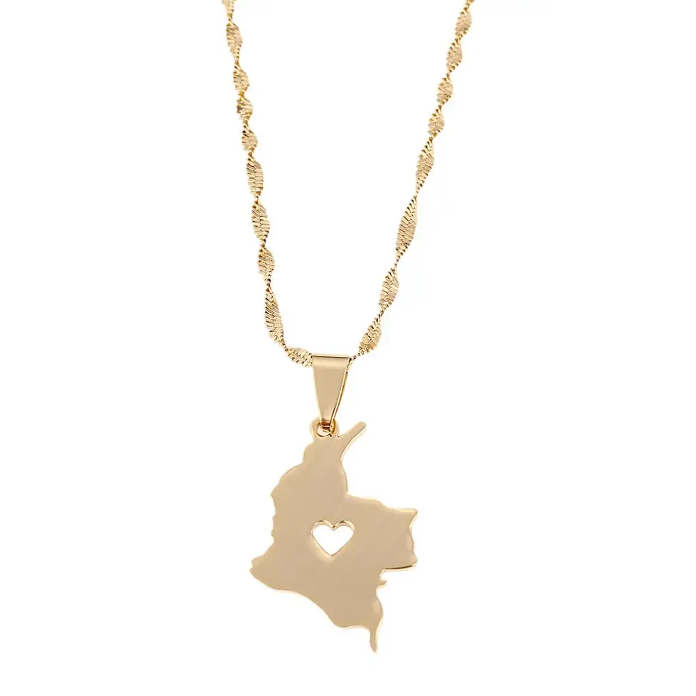 Stainless Steel Colombia Map Pendant Necklace Gold Color Map of Colombian Heart Jewelry