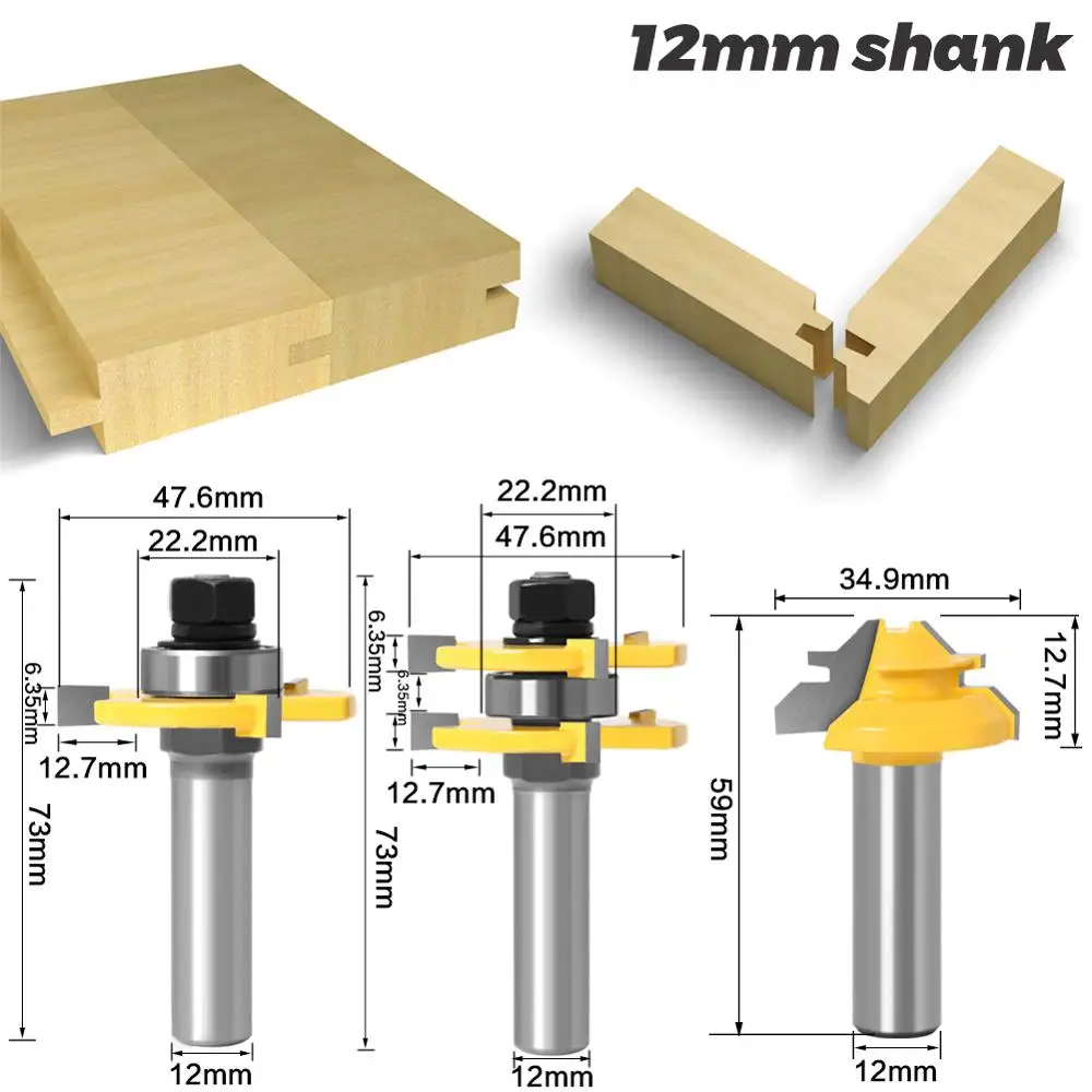 3 pc 12mm 1/2 Shank high quality Tongue & Groove Joint Assembly Router Bit 1Pc 45 Degree Lock Miter Route Set Stock Wood Cutting