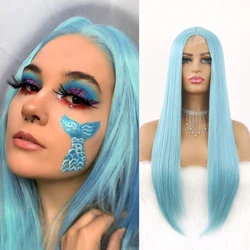 Perruque Lace Wig synthétique sans colle, cheveux longs et lisses, en Fiber résistante à la chaleur, bleu clair