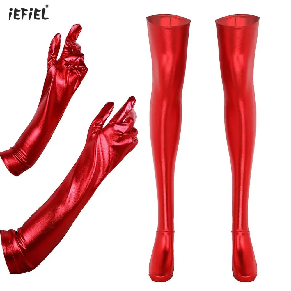 

Women Fashion Costume Set Clubwear Exotic Shiny Metallic Wetlook Leather Long Gloves with Stockings Sexy Pole Dance Rave Clothes