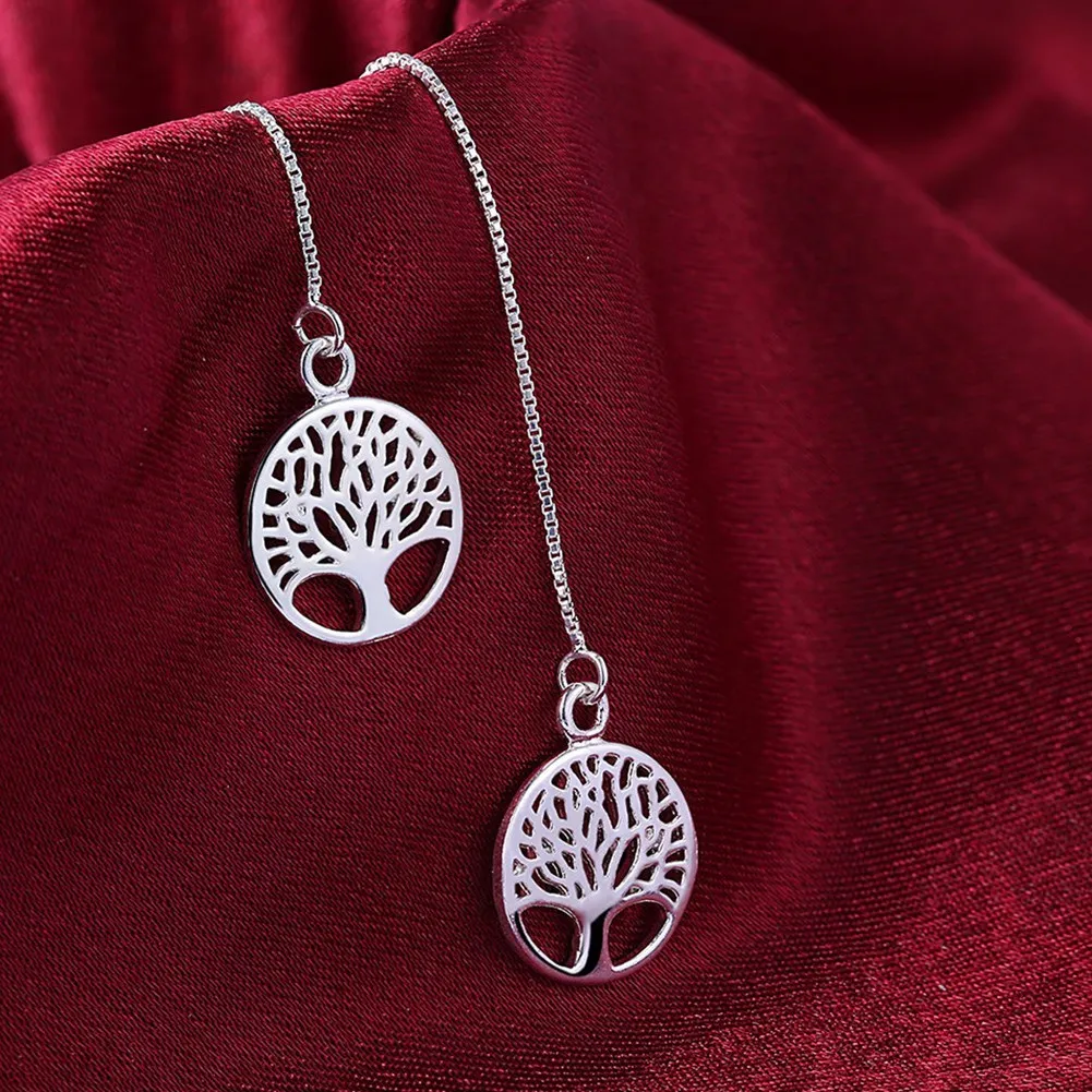 Elegant Fashion 925 Sterling Silver Round Tree Of Life Drop Earrings Box Chain Long Tassel Earrings