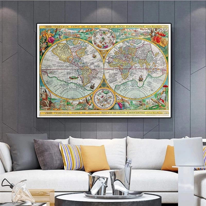 Pintura sobre lienzo no tejido con mapa del mundo Vintage, póster artístico de pared clásico, tarjeta decorativa para decoración del hogar y la Oficina, 225x150 cm, 1594