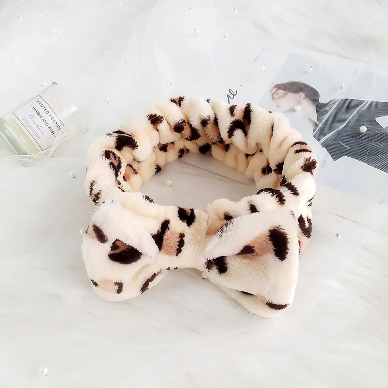 Leopard Print Versatile Girl Headwear Soft Skin Care Coral Fleece Shower Facial Make Up Bow Knot Lady Gym Sports Headbands