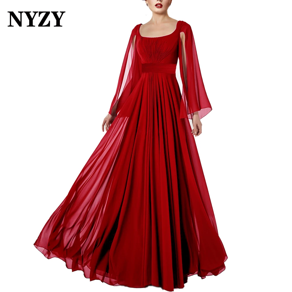 NYZY-vestido de gasa de manga larga para madre de la novia, traje elegante de color verde oliva para invitados de fiesta de boda, vestido Formal de