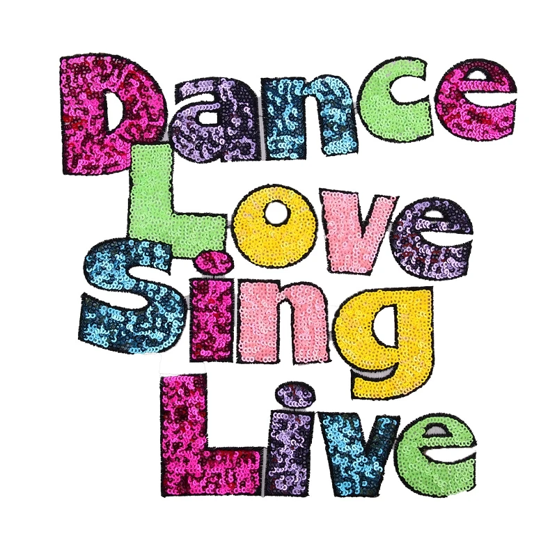 10Pieces Letters Dance Love Sing Live Sequins Patch Iron On Applique Sewing Supplies Embroidery Stickers For DIY Apparel Decor