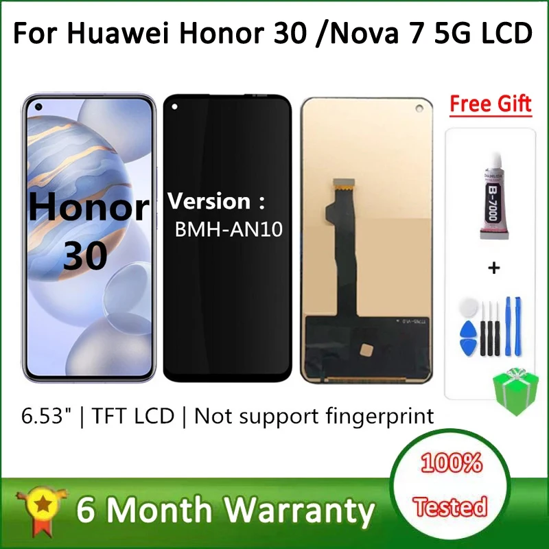 Tested TFT 6.53\'\' LCD For Huawei Honor 30 BMH-AN10 Display For Huawei nova 7 5G JEF-AN00 NX9 AN20 LCD Screen Digitizer Assembly