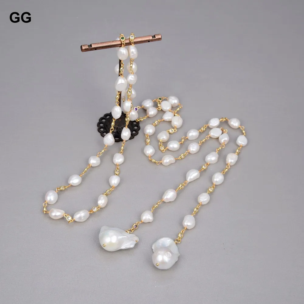 128cm Freshwater White Keshi Pearl white baroque pearl Mixed Color Cubic Zirconia Pave Chain Long Necklace women jewelry