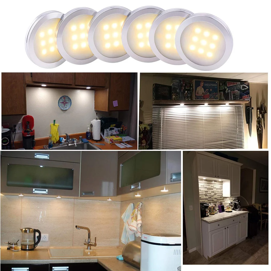 DC12V Dimmable LED Under Cabinet Lighting with Remote Control LED Puck Lights Kitchen Cabinets Counter Cabinets Bookshelf Lamp