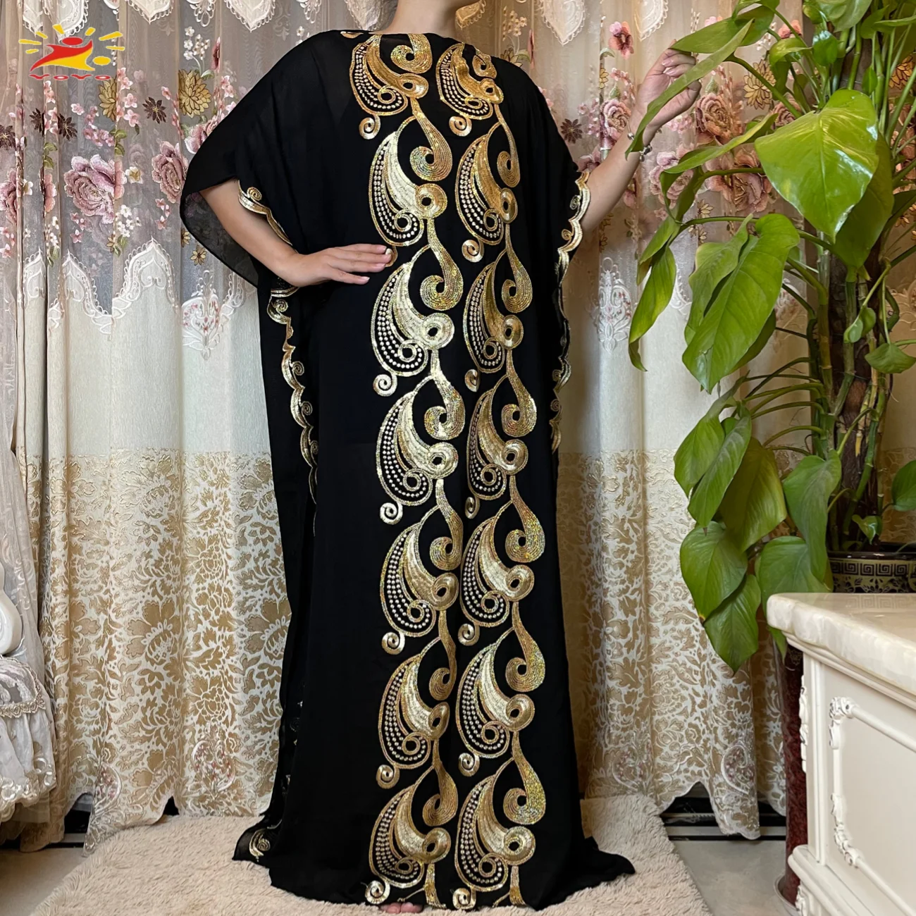 2021 New Arrival African Embroidery Flower Dresse With Scarf Big Size Women Muslim Sequin Embroidery Long Black Lady Clothes