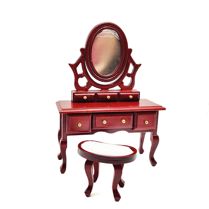 1:12 Dollhouse Miniature Bedroom Furniture Dressing Table & Stool Wooden Vanity Box With Mirror WB024