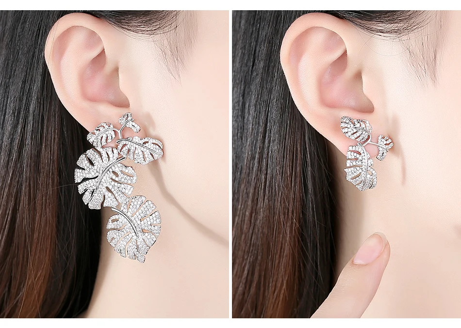 LUOTEEMI Big Plant Cubic Zirconia Leaves Studs Unique Fashion Asymmetry Dating Earrings for Women Girl Wedding Party Accessories