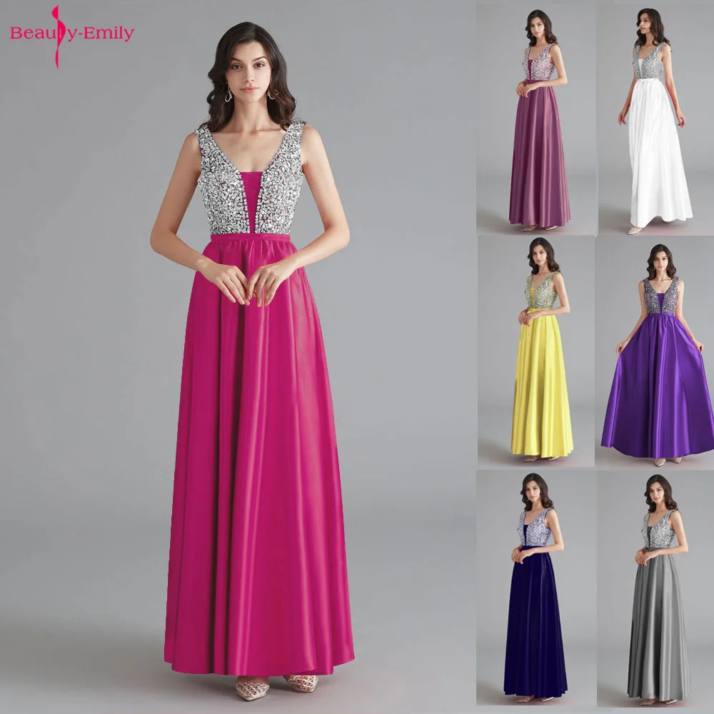 Beauty Emily V Neck Beads Sleeveless Bridesmaid Dresses Long Customized Open Back Wedding Party Dress Vestido dama de honor