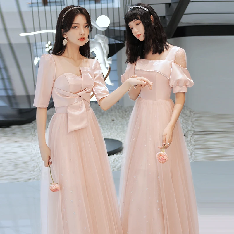 Romantic Sweetheart Collar Bridesmaid Dresses Pink Short Sleeve A-Line Daily Casual Dress Fashion Slim Wedding Guest Gown