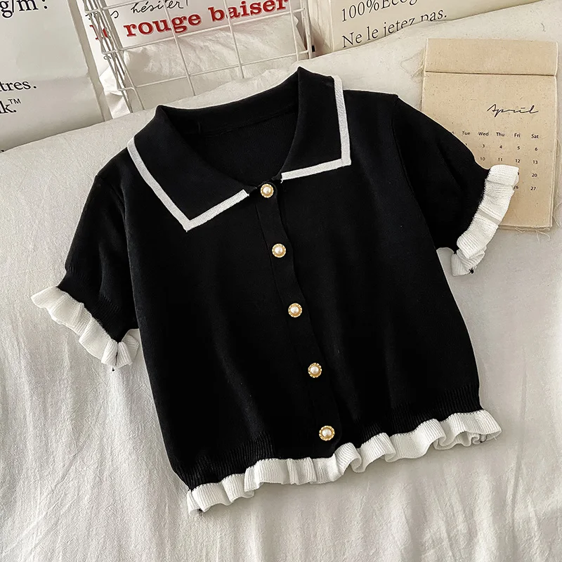 Shirts Women Sweet Design Ruffles Button Peter Pan Collar Blouses French Style Panelled Short Sleeve Knitted Crop Tops Girlish