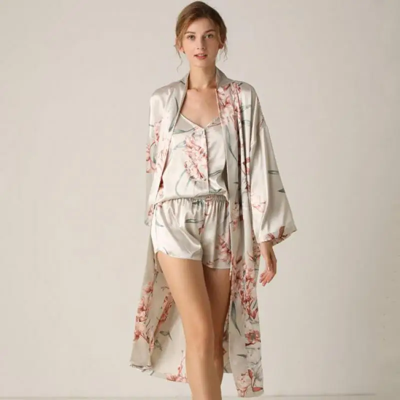 Print Flower Women Kimono Bathrobe Gown Intimate Lingerie Satin Nightwear Nighty&Robe Suit Sexy Sleepwear Silky Nightgown