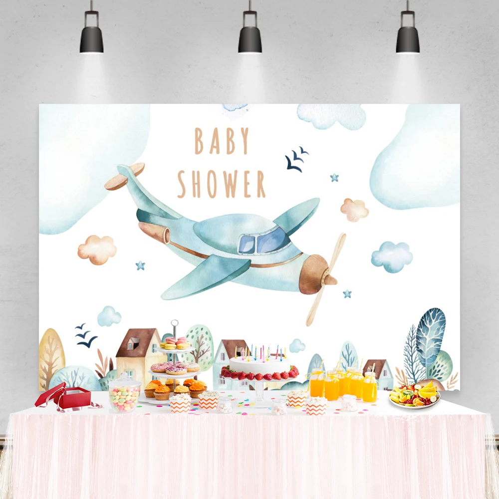 Laeacco Birthday Backdrops Clouds Balloons Airplane Car Trees Baby Shower Newborn Photography Backgrounds For Photo Studio Props