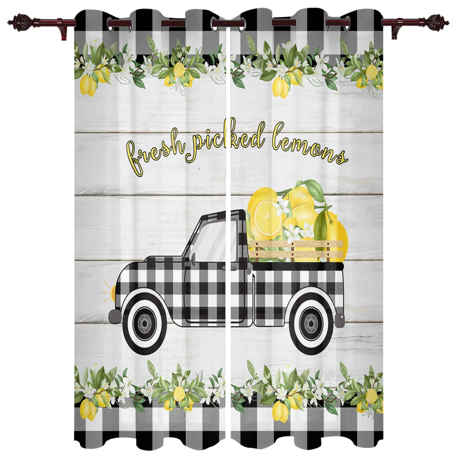 Lemon Idyllic Truck Lattice Window Curtains Kids Room Living Room Curtain Panels Valance Curtains for Kitchen