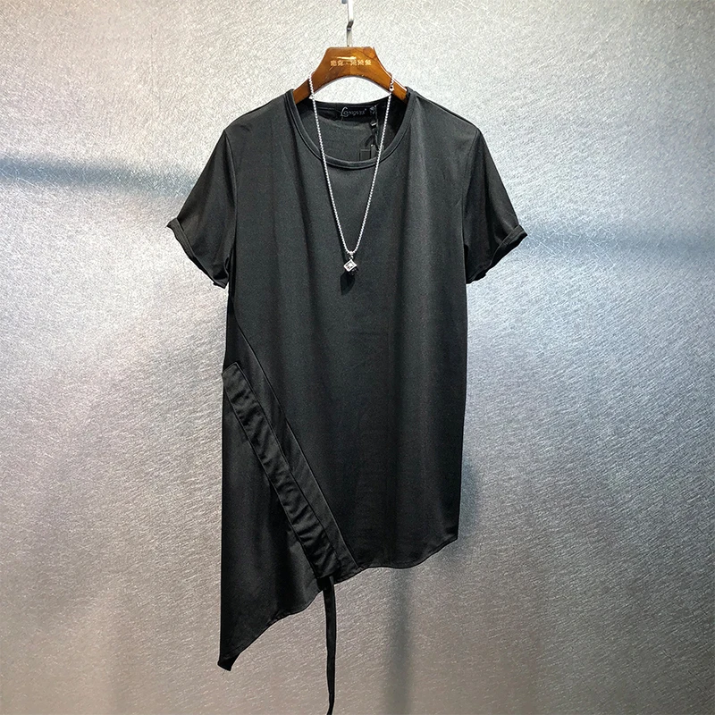 Men summer fashion male personality asymmetry inclined hem loose large size T-shirt fashion splicing rope short sleeves