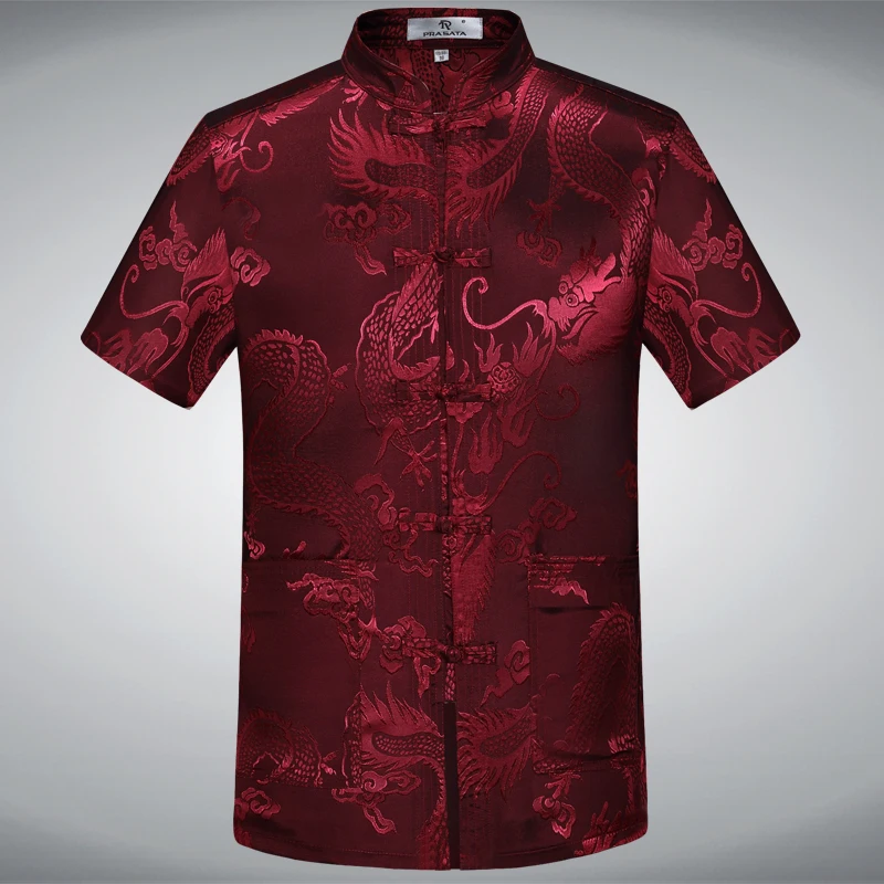 Men New Arrival Shirt Chinese Traditional Style Frog Mandarin Collar Dragon Shirt Silky Tang Suit Clothing Kung Fu Tops Fashion