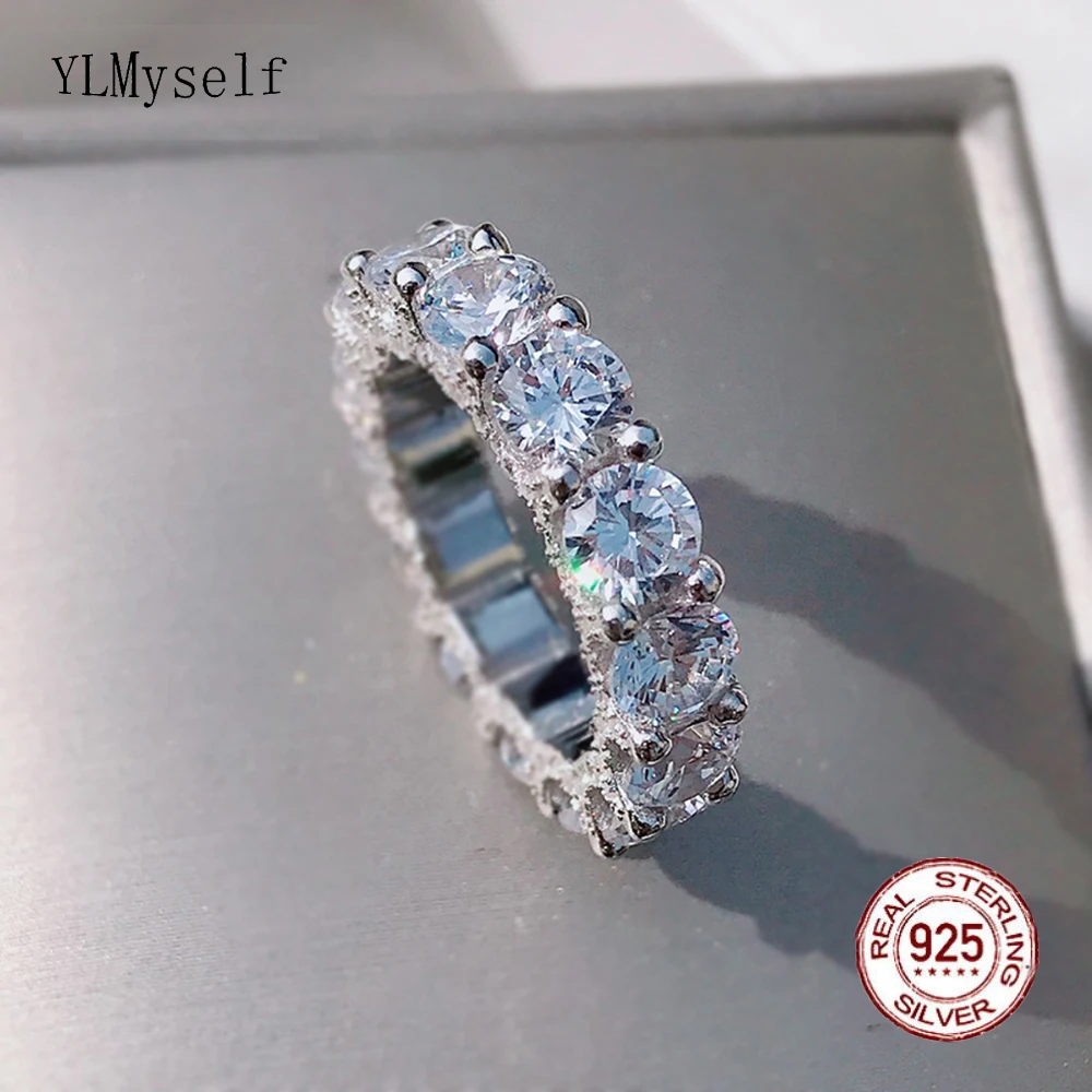 

5 MM Zircon US Sizes 5-10 Luxury Big CZ Hip Hop Rock Fine Jewelry For Lady Real 925 Sterling Silver Eternity Rings