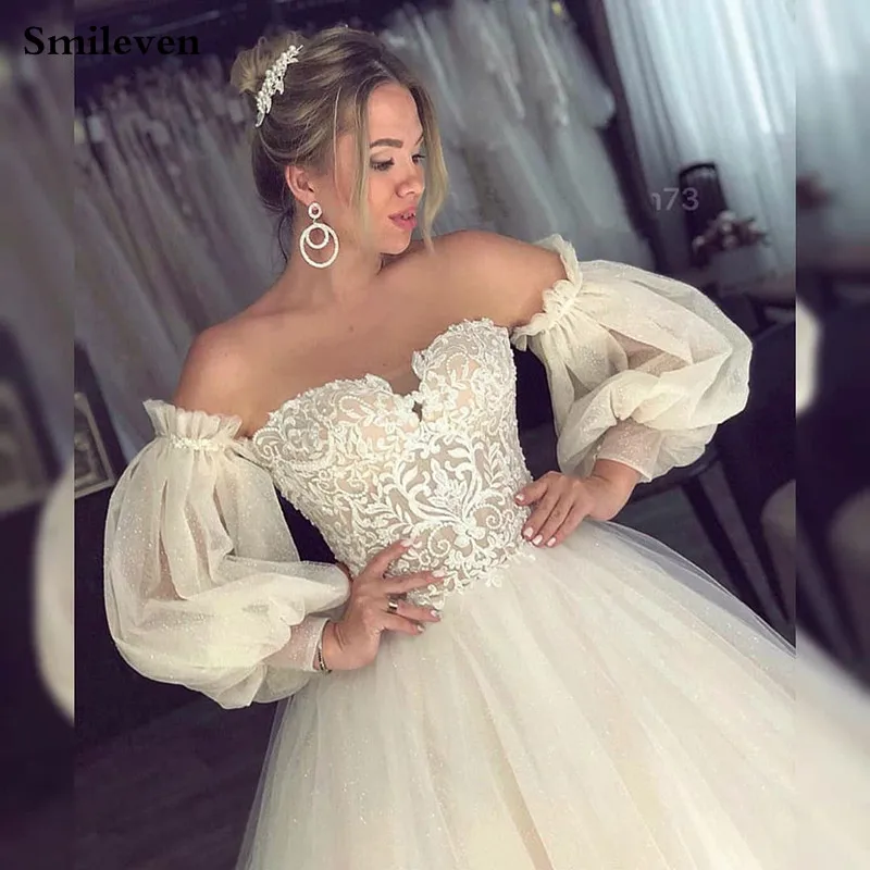 Gaun Pengantin Boho Sederhana Smiley 2021 Gaun Pengantin Lengan Puff Dapat Dilepas Gaun Pernikahan Renda Appliqued Sweetheart Pantai