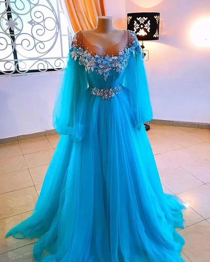 Vestido De fiesta De manga larga con apliques De encaje para mujer, Vestidos De Noche De talla grande, vestido De princesa hinchada, largo hasta el suelo