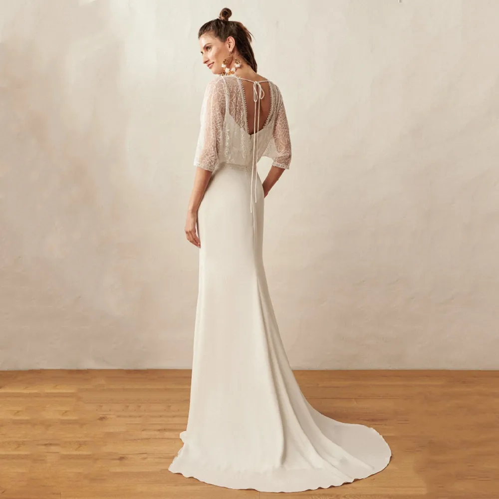 Robe de Mariée Élégante en Satin Style Boho, Tenue Simple avec Appliques en Dentelle, Demi Manches, Encolure Rond, 2 en 1, avec Traîne de Balayage, sur Mesure