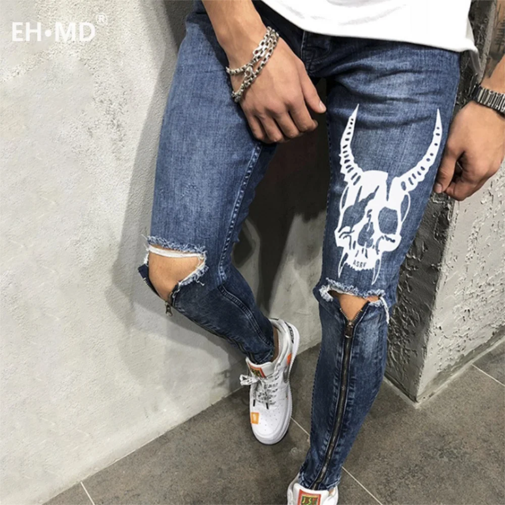 EH·MD® Four Seasons Sports Trousers Men Large Size Skull Print Splice Slim Feet European and American Jeans Men\'s Hole Zipper