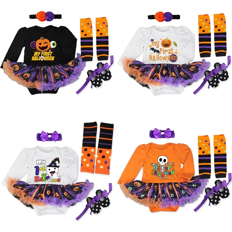 Pumpkin Baby Halloween Costumes Infant Party Dress Headband Vestido Bebe Skull Ghost Kid Halloween Outfits Toddler Girl Clothing