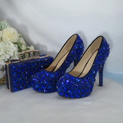 BaoYaFang Royal Blue Crystal Bridal Wedding Shoes And Bag Woman High Platform Shoes Big size Round Toe Party wedding shoes Women